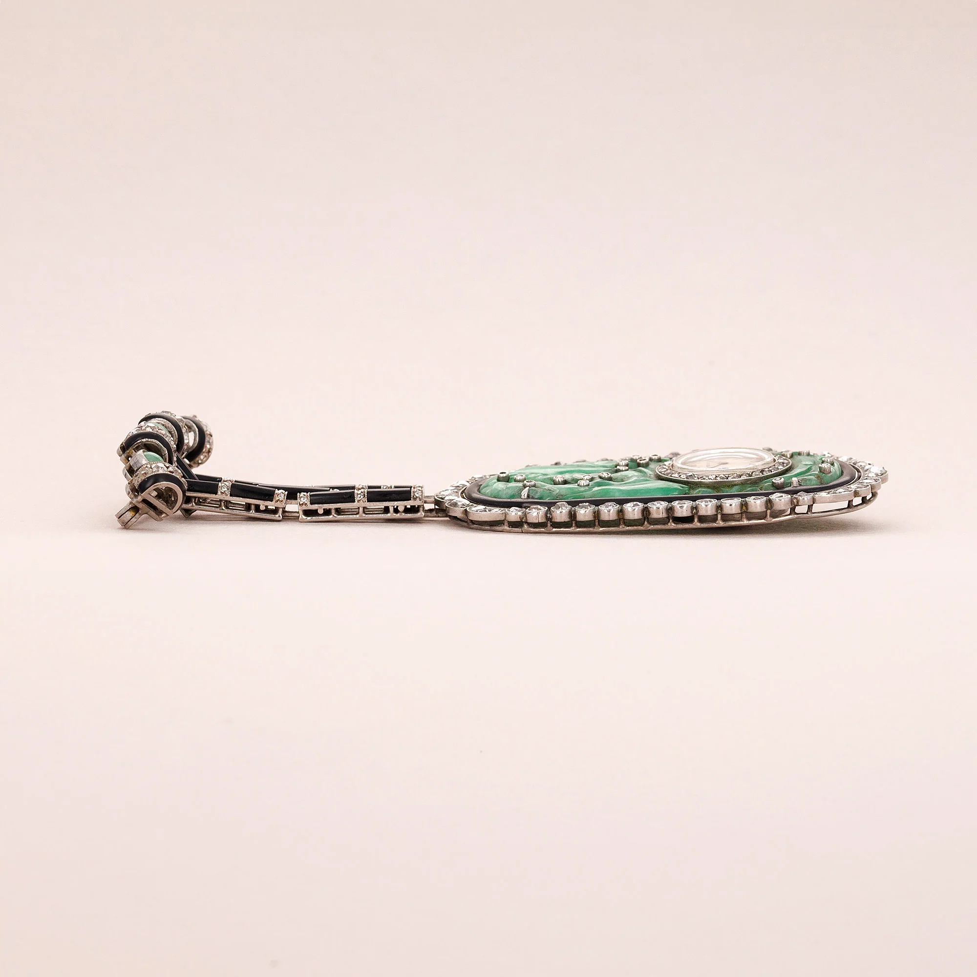 Jaeger Lecoultre Jade Diamond Onyx Pendant Watch, Art Deco (Objet) - Image 4