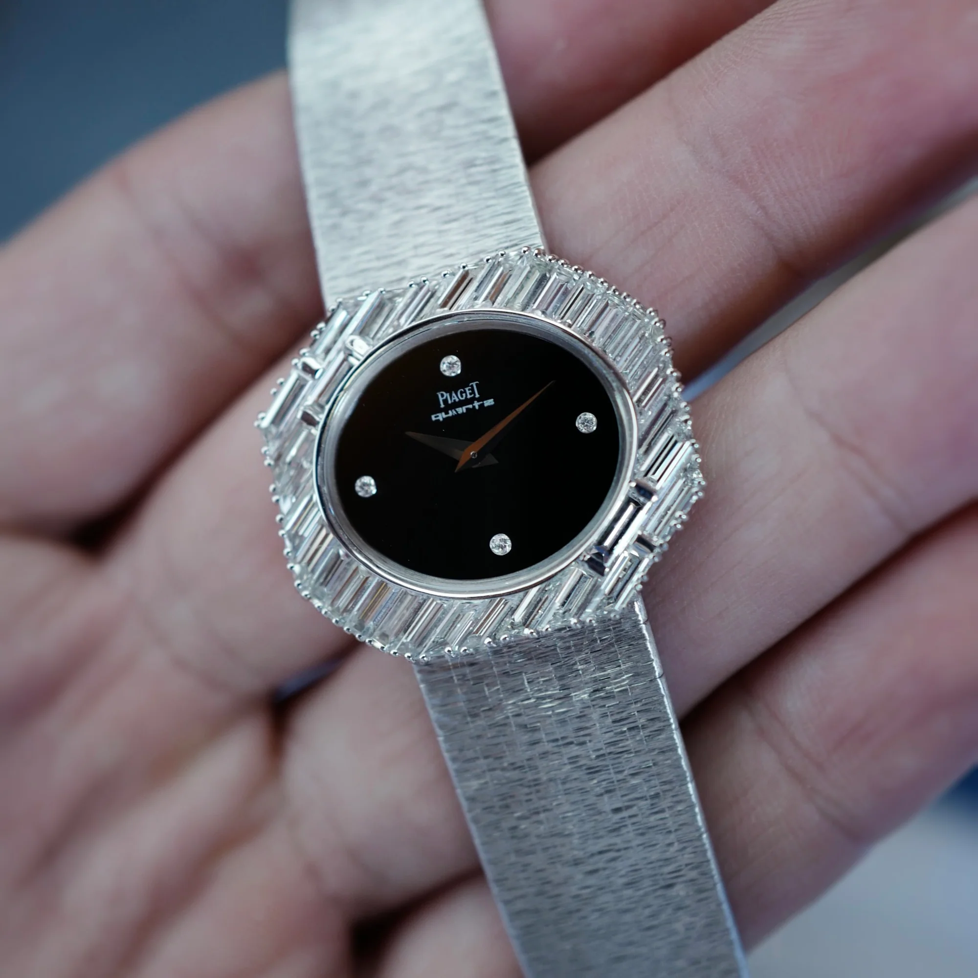 Piaget White Gold Large Diagonal Baguette Bezel Watch with Onyx Dial 7334A6 - Image 7