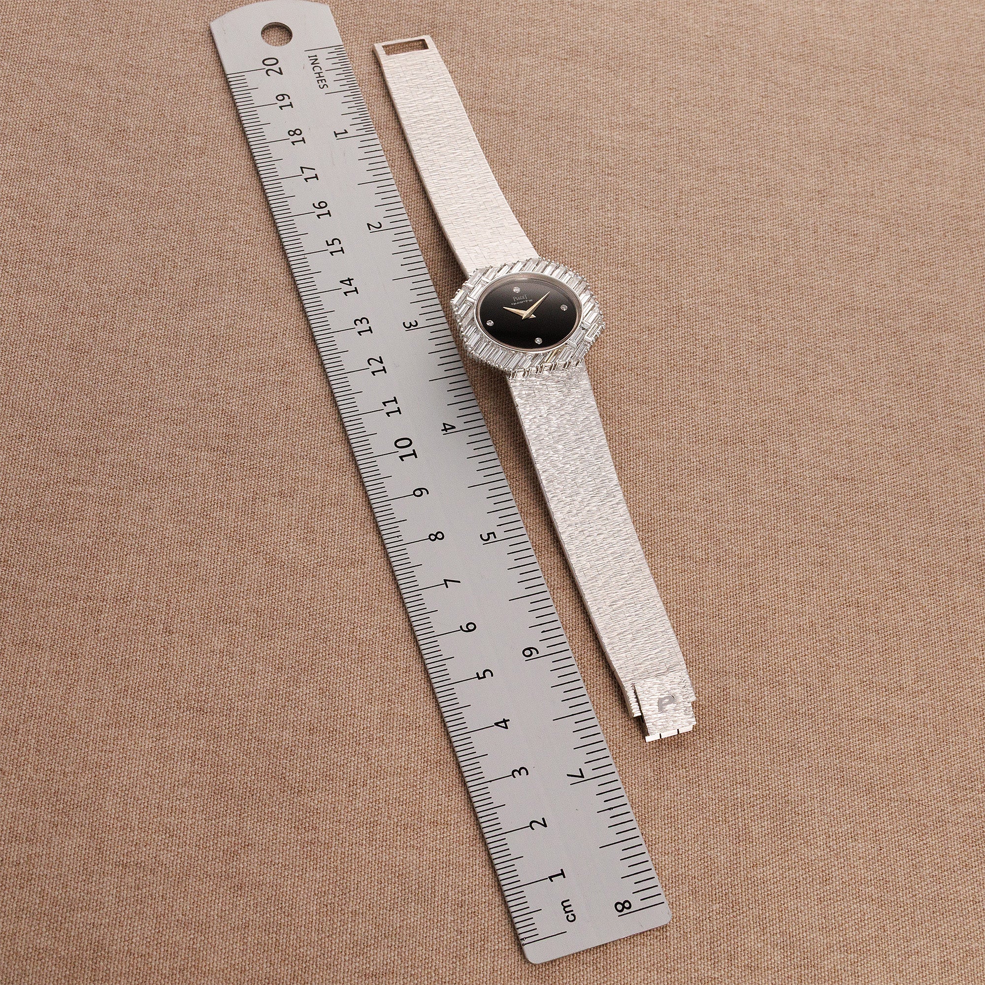 Piaget White Gold Large Diagonal Baguette Bezel Watch with Onyx Dial 7334A6 - Image 9