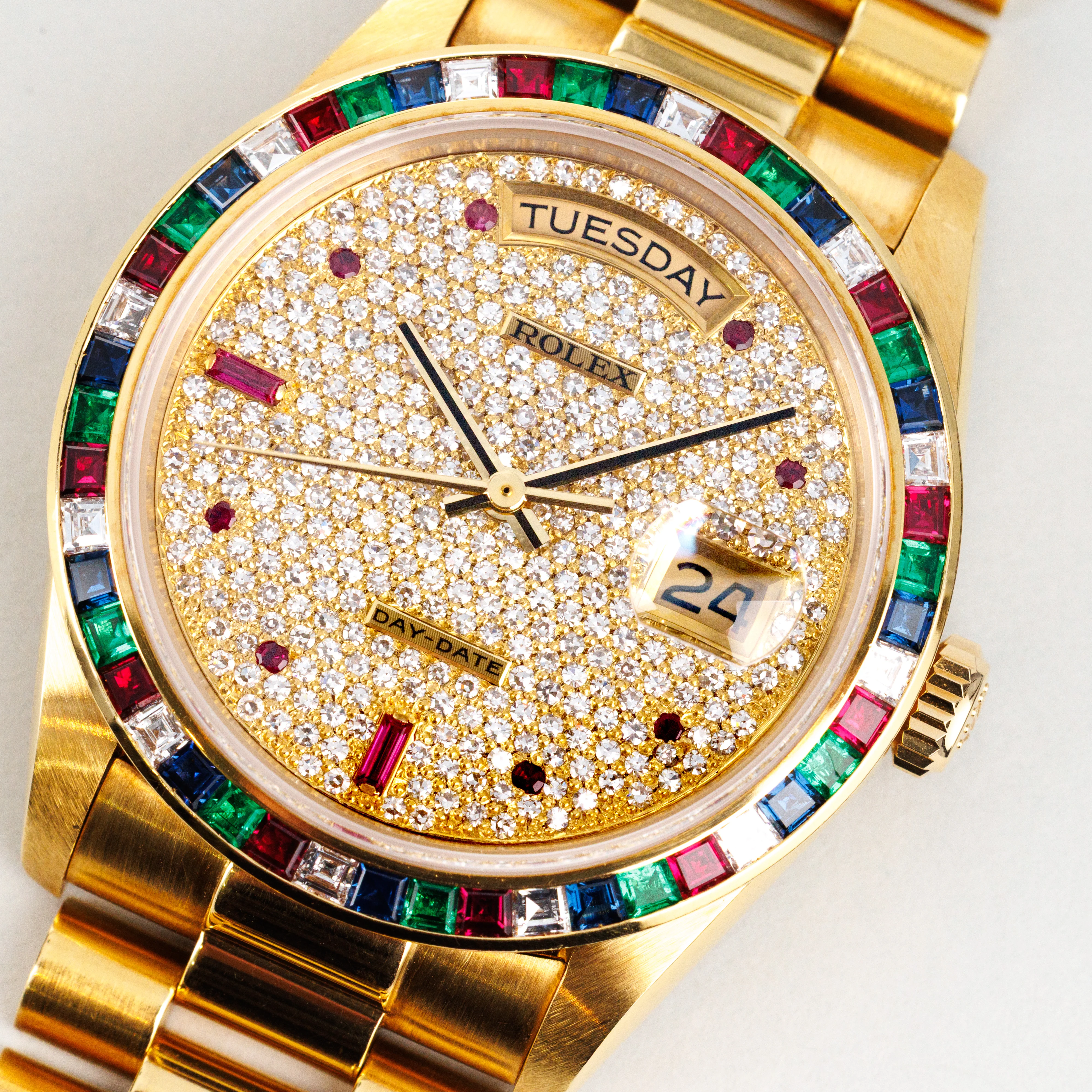 Rolex Yellow Gold Day-Date Sapphire Ruby Emerald Diamond Ref. 18188 - Image 3