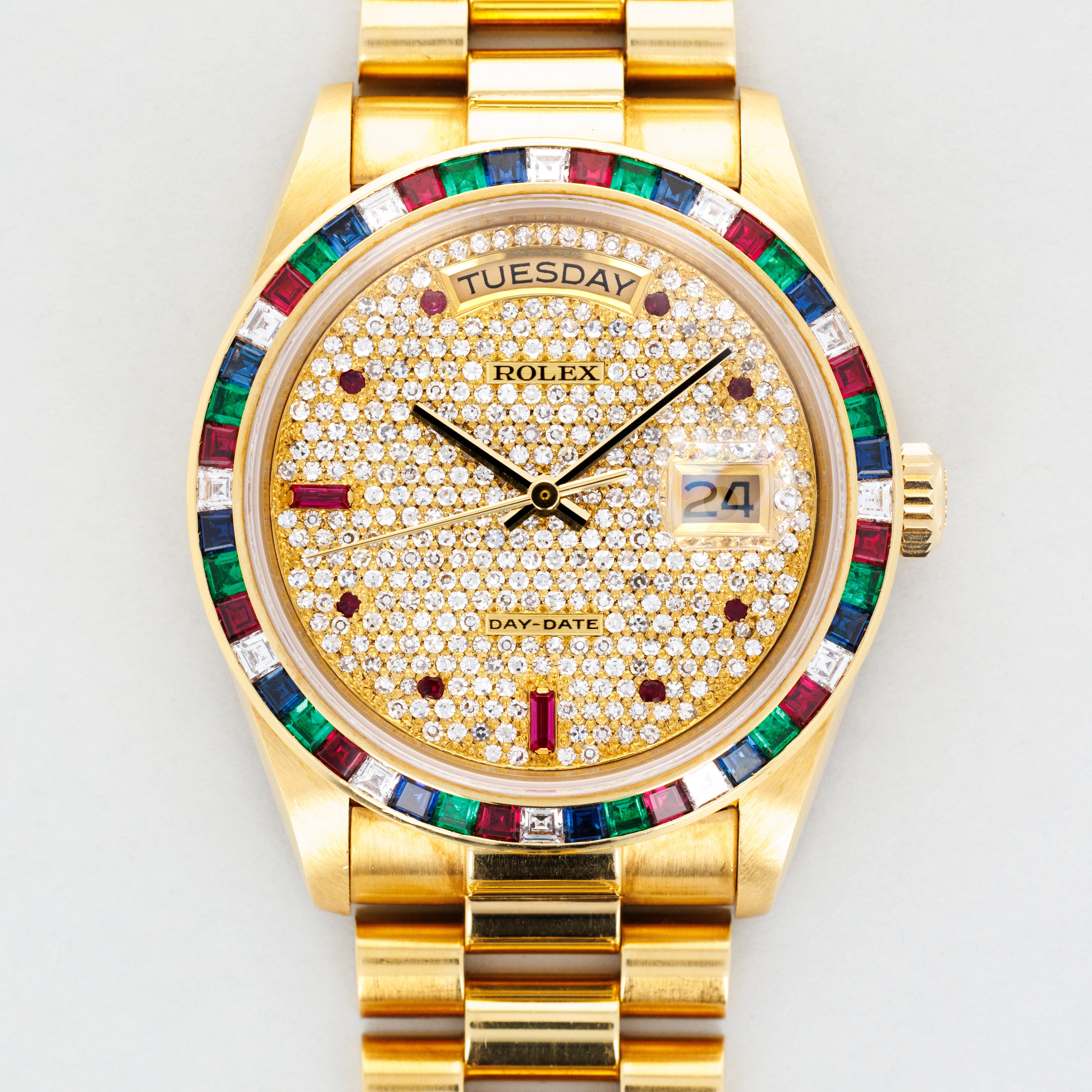 Rolex Yellow Gold Day-Date Sapphire Ruby Emerald Diamond Ref. 18188 - Image 4